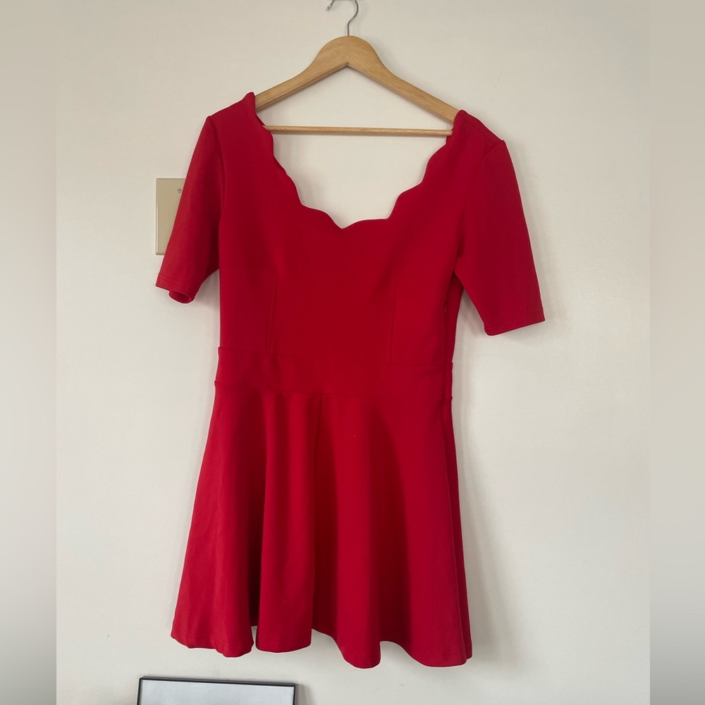 Red dress with scalloped neckline
